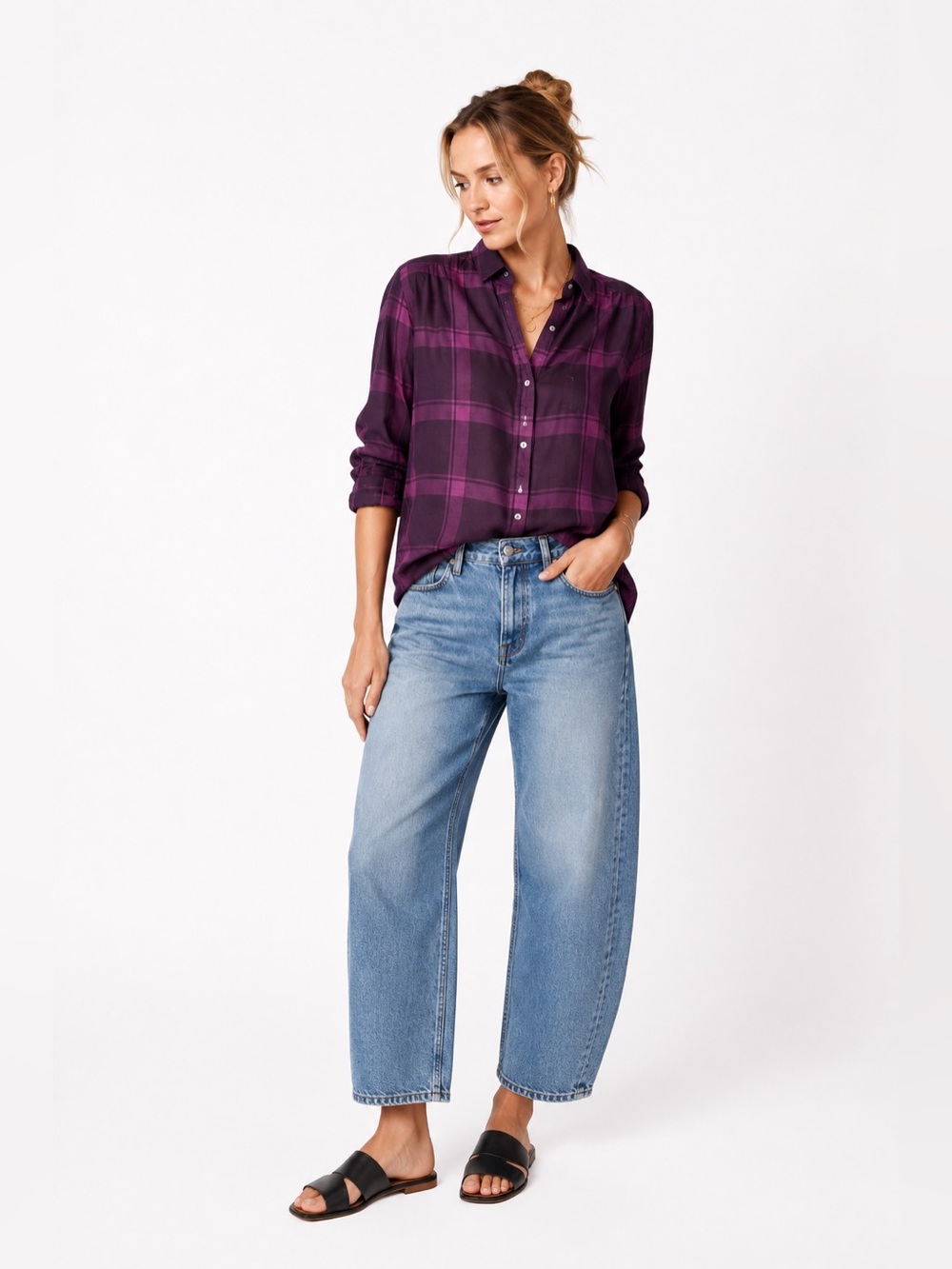 LOFT Softened long sleeve collared Plaid Button Front Shirt *38